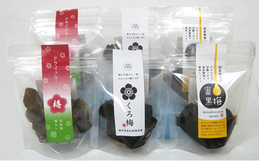 
熟成無塩の「くろ梅」、ハチミツを加えた「蜜黒梅」、ドライフルーツ梅の計6袋セット [№5580-0361]
