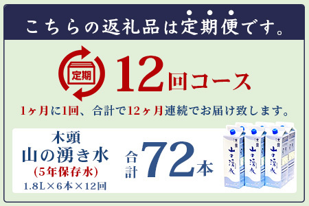 【定期便12回】《5年保存水》山の湧水(天然ミネラルウォーター)1.8L×6本×12回 計72本【徳島県 那賀町 国産 天然水 天然 みず 水 ミネラルウォーター わき水 湧き水 1800ml 飲料水