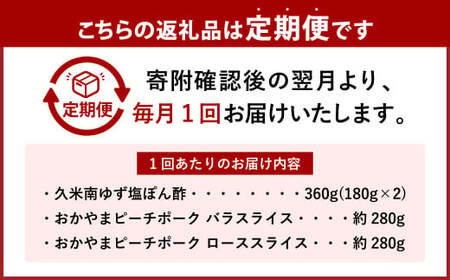 【3ヶ月定期便】おかやまピーチポーク しゃぶしゃぶセット 4～6人前(ゆず塩ぽん酢付き)×3回 計12人前～18人前 計約1680g 豚肉 ポーク ロース バラ お肉 肉 しゃぶしゃぶ 鍋 セット ポ