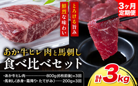 【3ヶ月定期便】あか牛 ヒレ肉 800g(6枚前後) 馬刺し 3種類 合計3kg 食べ比べ セット 合同会社たべたせいか《お申し込みの翌月から出荷》詰め合わせ 赤牛 国産和牛 和牛 ステーキ 馬肉 赤