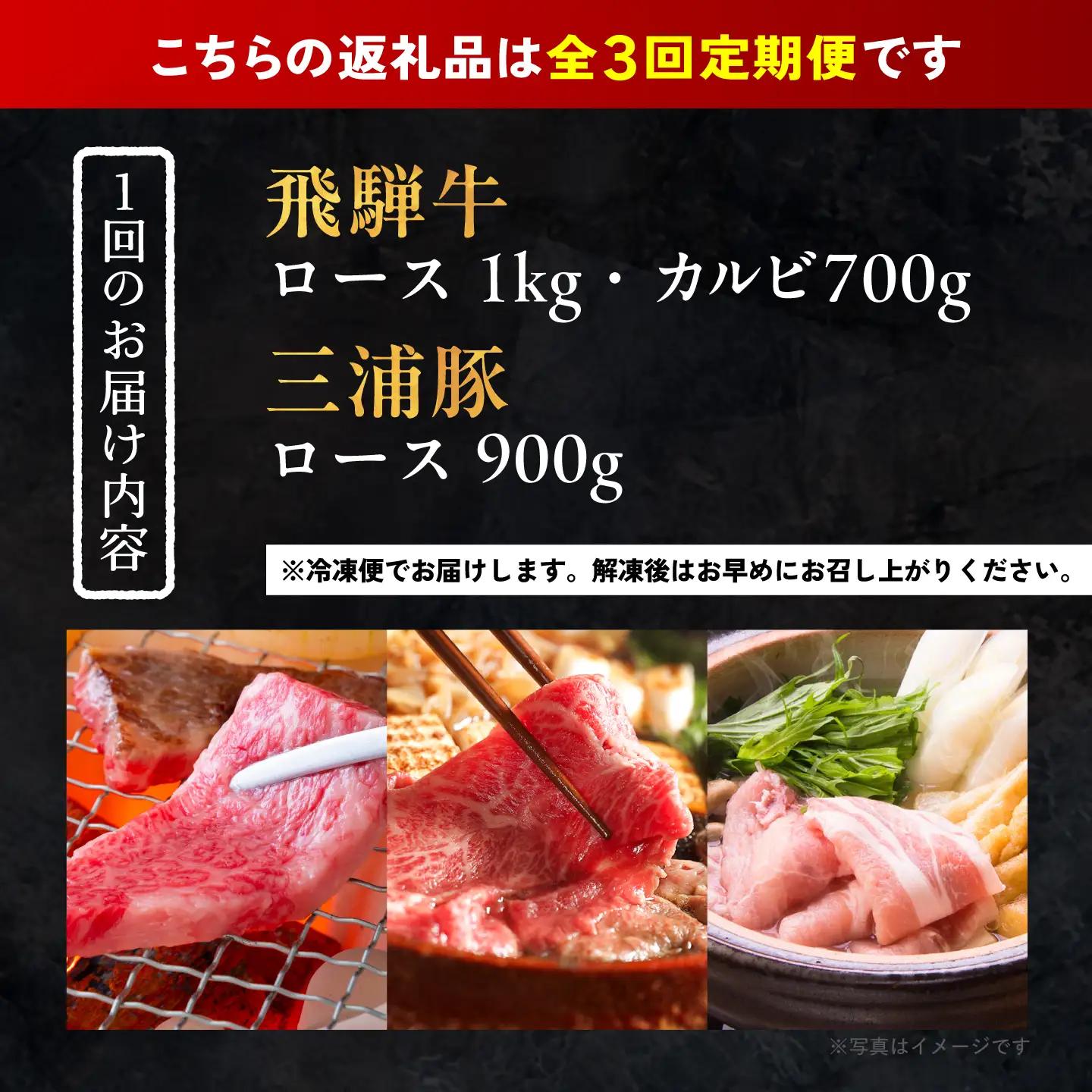 【3回定期便】 飛騨牛ロース1kg カルビ700g 三浦豚ロース900g 豪華3点セット 各種類1パック しゃぶしゃぶ・焼肉 / 恵那市 / 岩島屋 [AUAJ030]