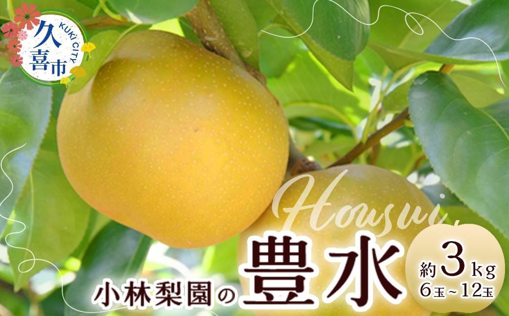 
            【先行予約 数量限定】梨 豊水 約3kg 6玉～12玉｜埼玉県 久喜市 菖蒲 小林梨園 豊水 みずみずしい 梨 フルーツ 高級 産地直送 限定品 贈り物 新鮮 お取り寄せ デザート ギフト 風味豊か 青梨 大玉 香り 上品 希少価値 珍しい 地域 甘い 限定 果物 果樹 梨 なし 果物
          