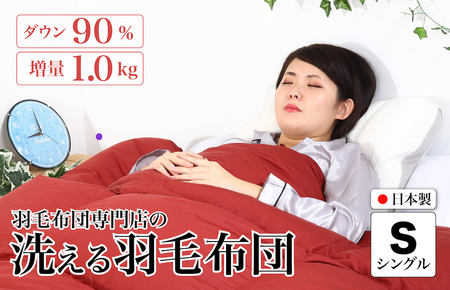 洗える羽毛布団 シングル 無地レッド 1.0kg 羽毛掛けふとん 冬用