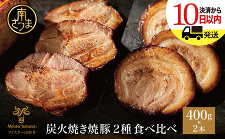 【マイスター山野井】炭火焼き焼豚 食べ比べセット 2種 計800g ＜数量限定＞ チャーシュー 焼き豚 肉 豚肉 惣菜 おかず おつまみ ラーメン チャーハン オードブル 家庭用 炭火 丼 鹿児島 冷蔵 南さつま市