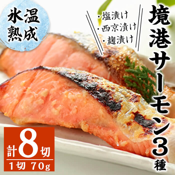 【ふるさと納税】＜数量限定＞氷温熟成 境港サーモン3種セット(8切) 魚介類 魚 海鮮 鮭 サーモン 個包装 小分け 冷凍 塩漬け 西京漬け 麹漬け 切り身 塩切身 ご飯 米 おかず 手軽 氷温熟成【sm-DS001】【ダイマツ】