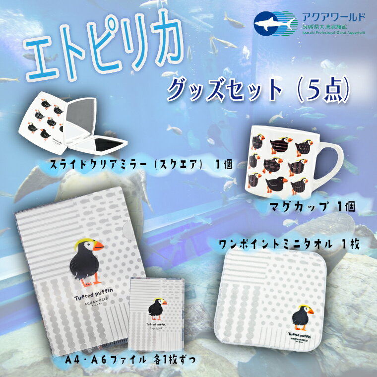 【ふるさと納税】＜9月末受付終了＞ エトピリカ グッズ セット ( マグカップ クリアファイル ×2 スライドクリアミラー ワンポイントミニタオル ) アクアワールド 大洗 水族館 茨城 グッズ オリジナル 限定 コップ A4ファイル A6ファイル 手鏡 ハンカチ 総柄 イラスト 海 鳥