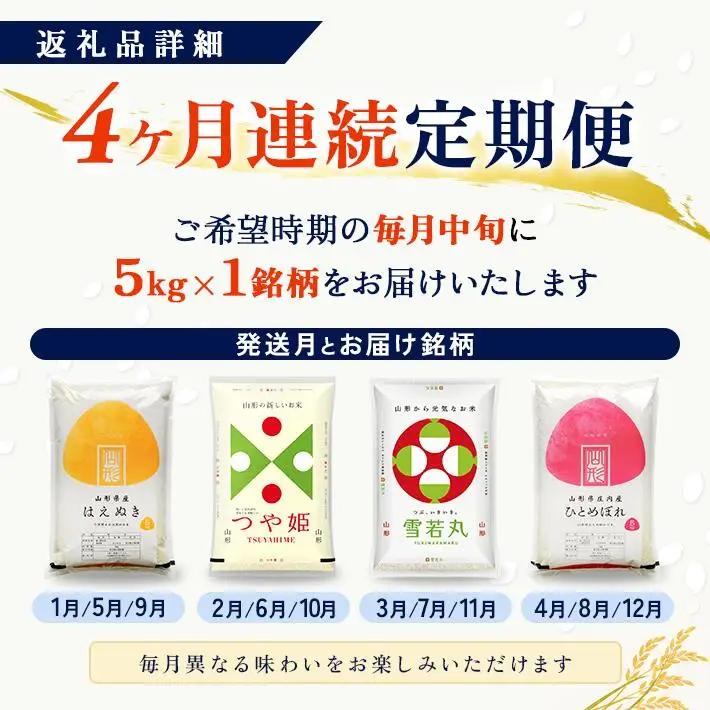 (2月～5月) ≪4ヶ月定期便≫ 精米 4銘柄食べ比べセット 各5kg 4ヶ月連続 計20kg 令和8年産 はえぬき つや姫 雪若丸 ひとめぼれ 山形県産 毎月中旬にお届け 東北 山形県 遊佐町 庄内