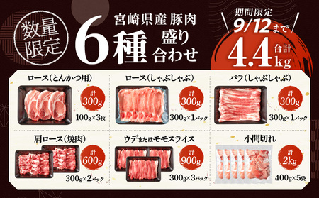 【令和7年1月配送】数量限定 豚肉 6種 盛り合わせ セット 合計4.4kg 豚 小分け 豚バラ 豚ロース 期間限定 国産 食品 人気 おかず 焼肉 しゃぶしゃぶ 豚丼 食べ比べ 料理に大活躍 使い勝