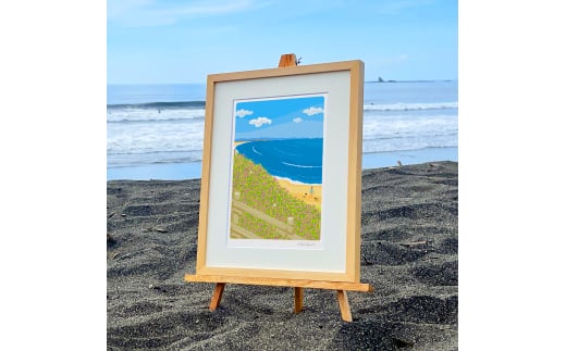 湘南・茅ヶ崎で描く、海を感じるイラストアート 『 湘南ランドスケープ08：海辺のハマダイコン 』 ジークレーアートフレーム （小/木地仕上げ） /絵画 風景 版画