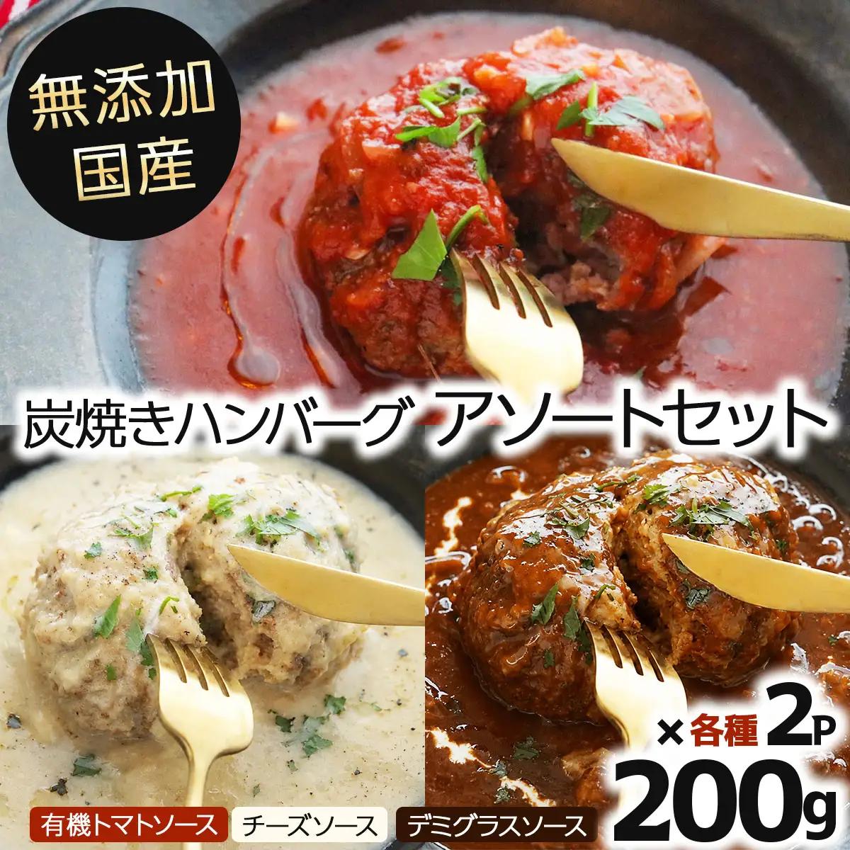 無添加 国産 炭焼き ハンバーグ アソートセット(有機トマトソース、チーズソース、デミグラスソース)