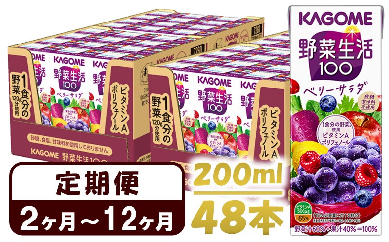 
            【 定期便 2ヶ月 ～ 12ヶ月】 カゴメ 野菜生活100 ベリーサラダ 200ml×48本 ジュース 野菜 果実ミックスジュース 果汁飲料 紙パック 砂糖不使用 1食分の野菜 鉄分 ポリフェノール ビタミンA 飲料類 ドリンク 野菜ドリンク 備蓄 長期保存 防災 飲みもの
          