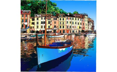 版画 鈴木英人版画 「ポルトフィーノ」 フレーム付き 絵画 アート 絵 芸術 インテリア サイン入り イタリア リビエラ海岸 港 逗子市 神奈川県