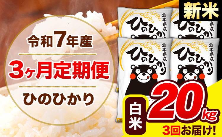 新米 令和7年産 ひのひかり 【3ヶ月定期便】 白米  20kg (5kg×4袋) 計3回お届け 《1月から出荷開始》 熊本県産 白米 精米 ひの 米 こめ お米 熊本県 長洲町