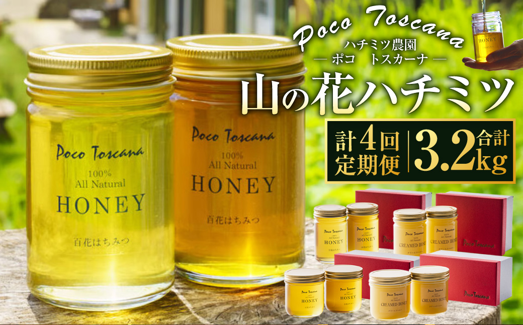 【年4回定期便(1月・4月・7月・10月配送)】山の花 ハチミツ 計3.2kg ( 400g瓶×2本セット×4回 ) 蜂蜜 化粧箱 クリームド・ハニー リキッド・ハニー はちみつ 蜂蜜 長崎