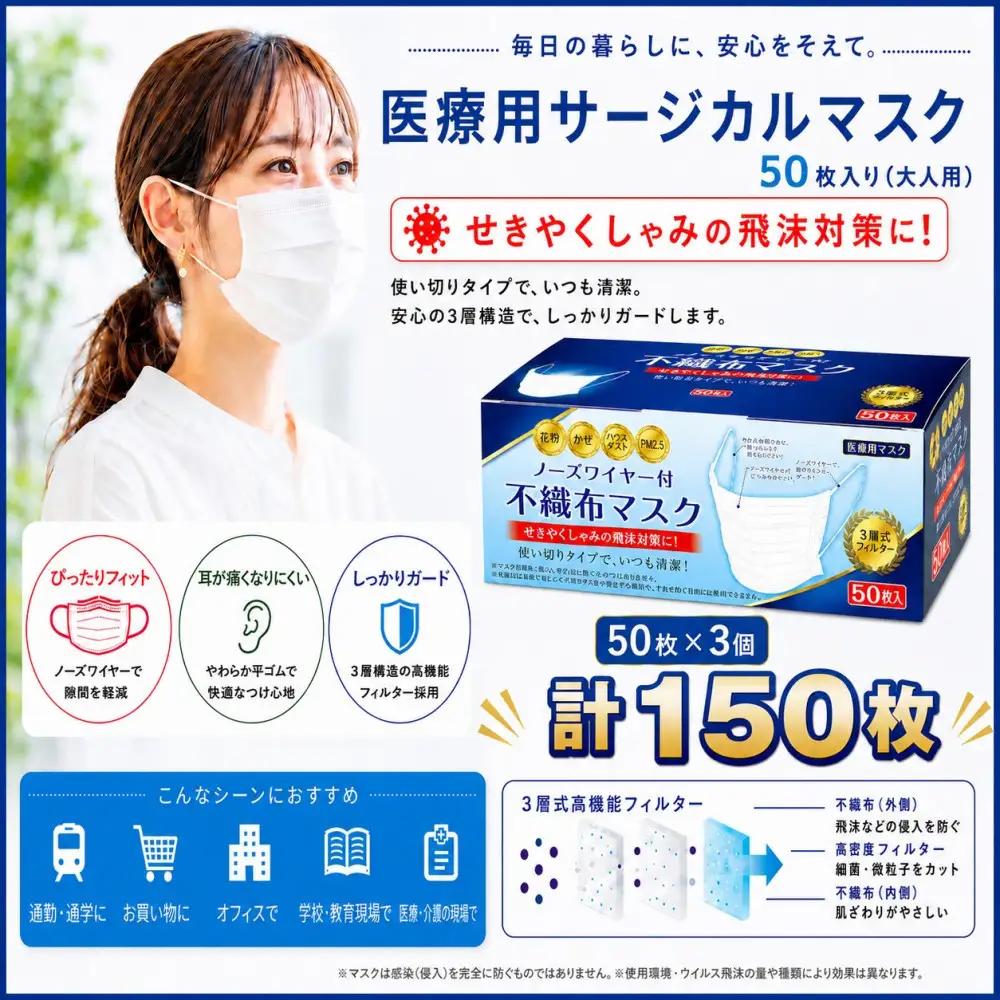 不織マスク５０枚大人用（サージカルマスク）3個