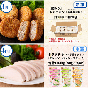 【6か月定期便】鹿児島協同食品バラエティ定期便 鹿児島黒豚生餃子 合計144個（12個×12P）茶美豚の角煮 1kg（250g×4P）茶美豚メンチカツ 2.7kg（90g×30個）サラダチキン約1.4