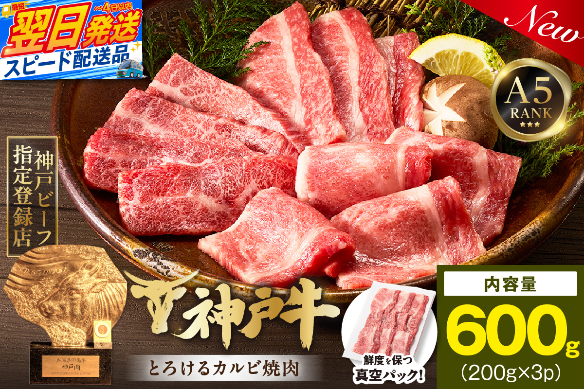 【神戸牛カルビ焼肉200g×3 計600gセット 冷凍】 最短翌日～4営業日以内発送 神戸牛 和牛 国産 牛肉 カルビ 焼肉 大人気 人気 ふるさと納税 返礼品 おすすめ ランキング 神戸 兵庫県 香美町 帝神志方ミート 93-08