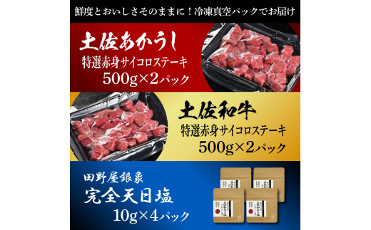 土佐あかうし＆土佐和牛2種食べ比べ 特選赤身サイコロステーキ500g 計4P 田野屋銀象完全天日塩4P付 牛肉 肉 お肉 和牛 国産 牛 赤身 ヒレ カルビ ロース【株式会社LATERAL】 [BQA