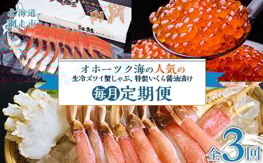 
                  【毎月定期便】人気の紅鮭、生冷ズワイ蟹しゃぶ、特製いくら醤油漬け80g×3瓶の定期便全3回 【ふるさと納税 人気 おすすめ ランキング 紅鮭 紅ジャケ 鮭 ズワイガニ ずわいがに いくら イクラ イクラ醤油漬 いくら醤油漬 定期便 北海道 網走市 送料無料】 ABAO096
                