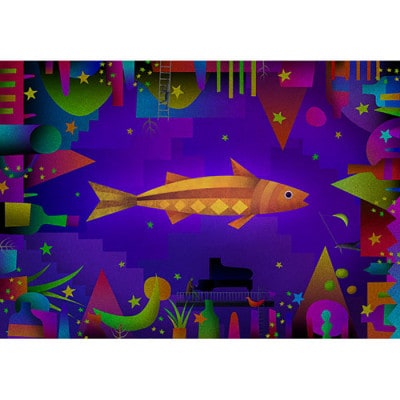 ＼京都・綾部の癒やし系作家/【絵画】　魚と夜　　額装サイズ526mmx412mm【1278194】