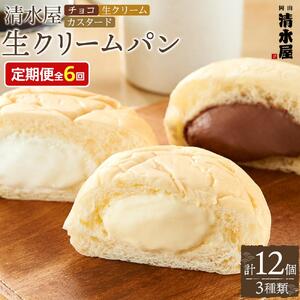 【定期便全6回】＜究極のふわとろ食感＞清水屋 生クリームパン 12個 3種（カスタード・生クリーム・チョコ）