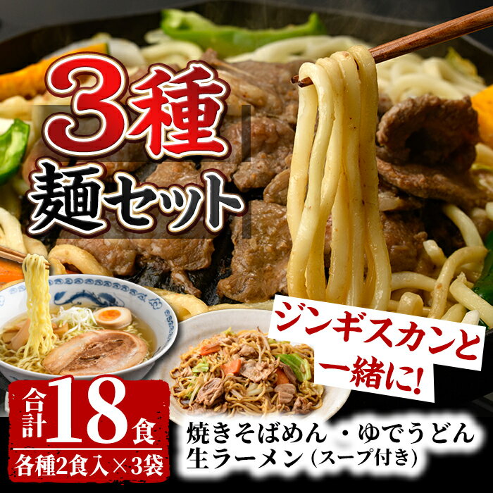 【ふるさと納税】ジンギスカンのお供に！やきそばめん、ゆでうどん、生ラーメンセット (各6食・計18食分) 焼きそば ヤキソバ うどん ラーメン 拉麺 麺 麺類 小麦 スープ 醤油 味噌 塩【日の出食品】