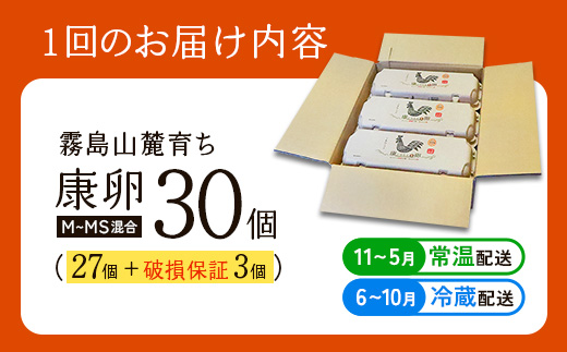 卵【12回定期便】霧島山麓育ち こだわり卵 康卵 計 30個（27個 + 割れ保証 3個）12回 計 360個（324個 + 割れ保証 36個）たまご 玉子 卵焼き 玉子焼き たまご焼き 生卵 鶏卵 たまごかけごはん 国産 九州産 宮崎県産 送料無料