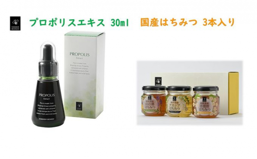 
[№5331-0289]プロポリスエキス 30ml・国産はちみつ3本入り セット　天然　蜂蜜　ハチミツ
