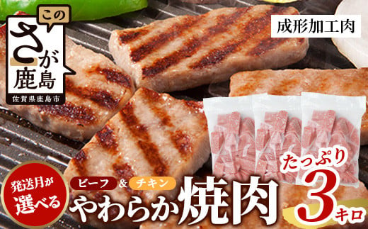 【3月発送】ビーフ&チキンやわらか焼肉(成型肉) 1kg×3袋【合計3kg】柔らかさと溢れる旨さが自慢のお肉 B-613