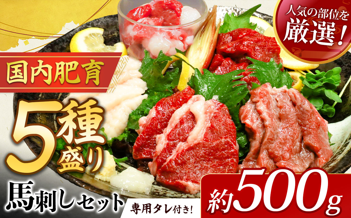 
                  本場 熊本 馬刺し 豪華 5種盛り約500g（50g×10P）専用タレ付き | 馬肉 馬刺 赤身 霜降り フタエゴ 馬ひも コーネ 小分け 
                