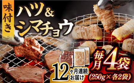 【全12回定期便】【塩だれ】九州産和牛 ホルモン2種 計1kg（ ハツ 250g×2袋・ シマチョウ 250g×2袋） 長与町/岩永ホルモン [EAX137]国産 牛肉 ミックス 小分け 味付き 冷凍 焼肉