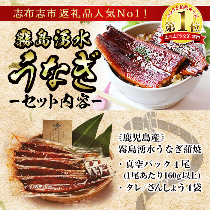 【志布志市人気No.1お礼の品】霧島湧水鰻の蒲焼き 160g以上×4尾＜計640g以上＞ b3-018