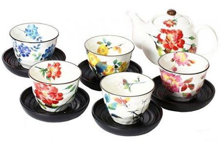 【美濃焼】「＆藍」 ポット・茶托付煎茶セット『ばら雅』柄【エー・アイ】 食器 茶器 急須 湯呑み 花柄 [TAG006]