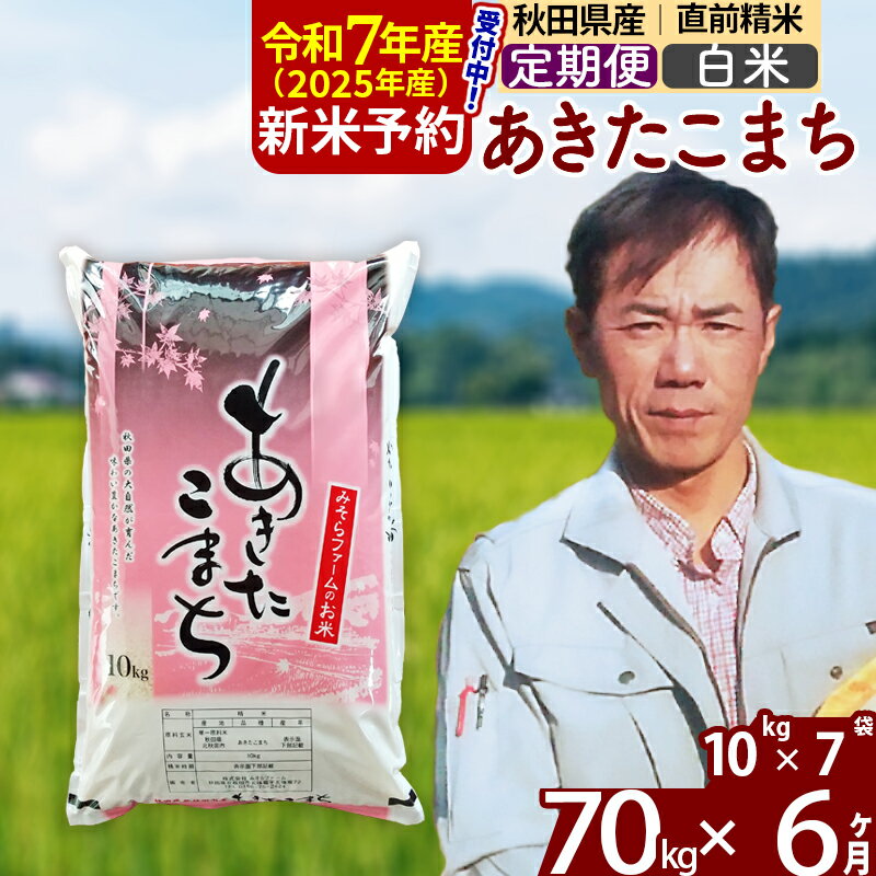 【ふるさと納税】※令和7年産 新米予約※《定期便6ヶ月》秋田県産 あきたこまち 70kg【白米】(10kg袋) 2025年産 お届け周期調整可能 隔月に調整OK お米 みそらファーム