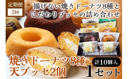 【2か月定期便】焼きドーナツ8種＋天（ブッセ）2個詰合せ【詰め合わせ お菓子 おかし 焼き菓子 個包装 化粧箱 バター クリーム スイーツ デザート おやつ 長芋 手土産 ギフト 贈り物 青森県 七戸町】【02402-0637】