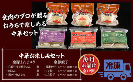 【定期便 全12回】金豚中華お楽しみセット（宮崎牛すき焼きまん・自慢の豚まん・黒ゴマあんまん、香港餃子、しそ餃子、にら餃子　各1種類） 豚まん あんまん 餃子
