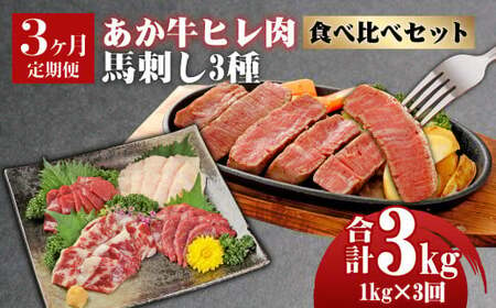 【定期便3か月】くまもとあか牛 ヒレ肉800g(6枚前後)･馬刺し200g(赤身100g･霜降り50g･たてがみ50g) 食べ比べセット 合計約3kg