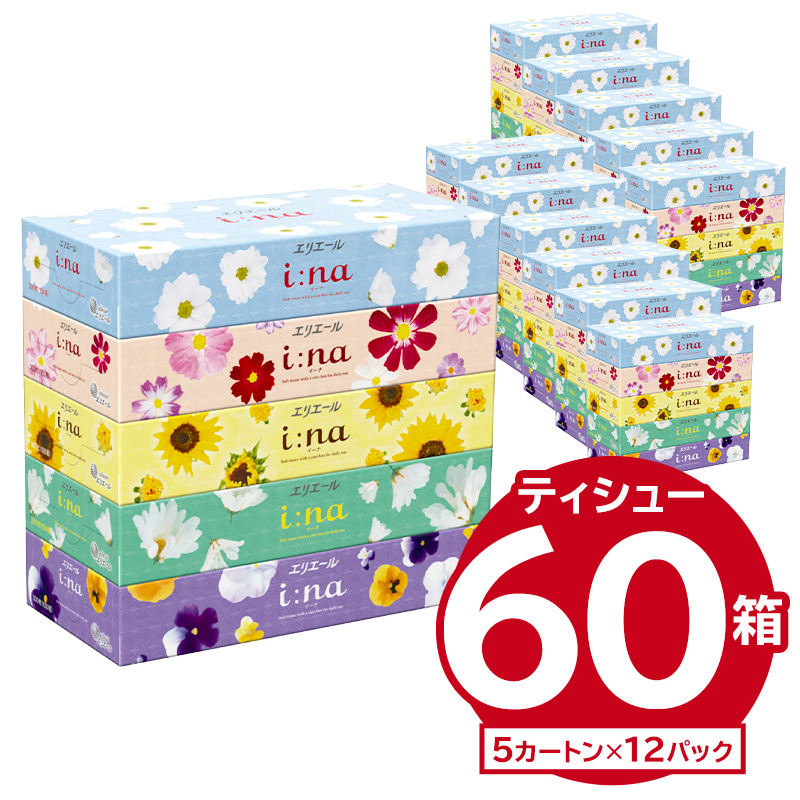 エリエール i:na（イーナ）ティシュー　150W5P×12パック　【0095-013】ボックス ティッシュ ペーパー 箱ティッシュ 岐阜県 可児市 日用品 新生活 備蓄 防災 消耗品 生活雑貨 生活用品 ストック パルプ100％