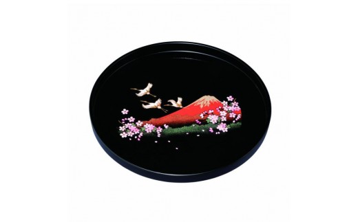 丸盆 30cm 黒 一富士二鶴三桜 ［YG463］