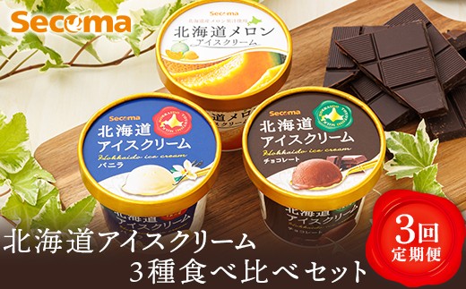 【定期便：3回】Secoma 北海道アイスクリーム3種食べ比べセット（バニラ・メロン・チョコレート）