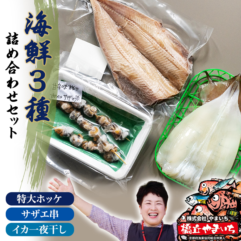 【ふるさと納税】京都 ・ 天橋立 海鮮3種詰め合わせセット 特大ホッケ サザエ串 イカ一夜干し 海鮮 魚貝類 魚 サザエ いか イカ ホッケ 一夜干し