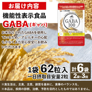 No.1286-A ＜定期便・全3回(隔月)＞GABA100(1袋 62粒入・2袋×3回 計6袋) 鹿児島 日置市 健康食品 機能性表示食品 サプリ 栄養バランス 食生活 安心安全 デスクワーク スト