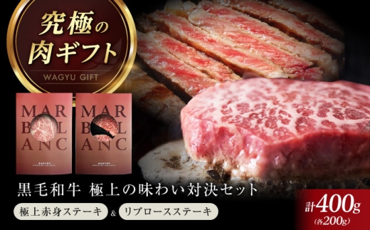 【旨味成分最大4倍】 極上の味わい対決セット：リブロースステーキ & 極上赤身ステーキ 計400g（2種×各1パック） 肉 牛 牛肉 和牛 赤身 黒毛和牛 ステーキ リブロース 熟成肉 食べ比べ 詰め合わせ セット ギフト 贈り物 贈答 プレゼント 記念日 贅沢 内祝い 誕生日 父の日 母の日 人気 おすすめ 大阪 高槻 ふるさと納税 大阪府高槻市/株式会社MARBLANC [AOAS027]