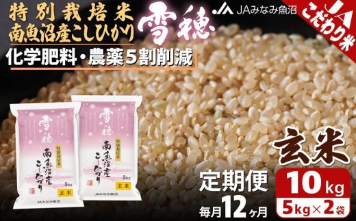 【JAみなみ魚沼定期便】特別栽培米南魚沼産こしひかり「雪穂」玄米（10kg×全12回） ≪農薬5割削減 調整玄米 精選玄米 特A獲得日本一産地 高品質精米 もっちり甘い 南魚沼産コシヒカリ 定期便 コシヒカリ こしひかり 玄米 銘柄米≫