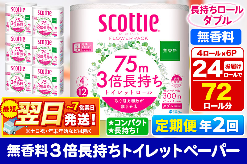 最短翌日発送《6ヶ月ごとに2回お届け》定期便 トイレットペーパー スコッティ フラワーパック 3倍長持ち〈無香料〉4ロール(ダブル)×6パック 秋田市オリジナル