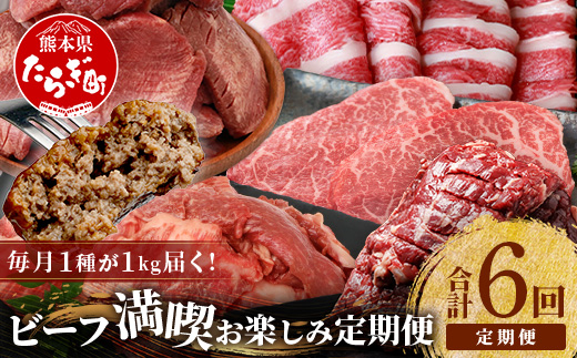 【定期便6回】 1kg×6回！ くまもと ビーフ 満喫 お楽しみ定期便【合計6.2kg】 熊本 あか牛 / 牛タン / 黒毛和牛 モモステーキ /あか牛 スジ / ハラミ / 黒毛和牛 ハンバーグ  和牛 ブランド牛 バラエティ 定期便