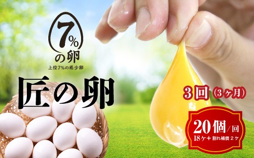 【定期便3ヶ月】匠の卵 20個(割れ玉補償２個）7％の卵　たまご　卵　玉子　鶏卵　生卵　プレミアム　優秀賞　愛知県　美浜町　国産　産直　卵黄　卵かけご飯