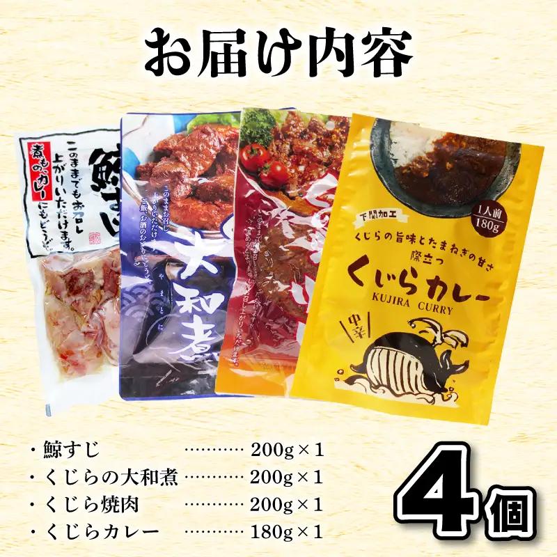 くじらレトルト詰合せ 4個入 【鯨すじ・くじらの大和煮・くじら焼肉・くじらカレー】 AY