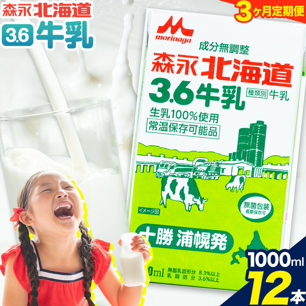 【ふるさと納税】【定期便3回】牛乳 北海道 森永北海道3.6牛乳 常温長期保存 大容量 1000ml×12本入り 1L 12L 十勝森永浦幌乳業 北海道 浦幌町 送料無料 乳 3.6 牛乳 ミルク 牛乳パック 濃厚 浦幌工場直送 常温保存 森永 十勝 お取り寄せ