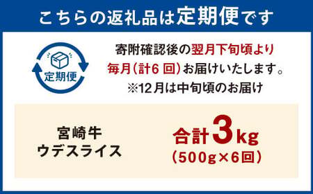 【6ヶ月定期便】＜宮崎牛ウデスライス 500g（1パック：500g×6回）＞ お申込みの翌月下旬頃に第一回目発送（12月は中旬頃）【c1351_mc_x3】 牛肉 お肉 肉 和牛 新生活応援 卒業祝い